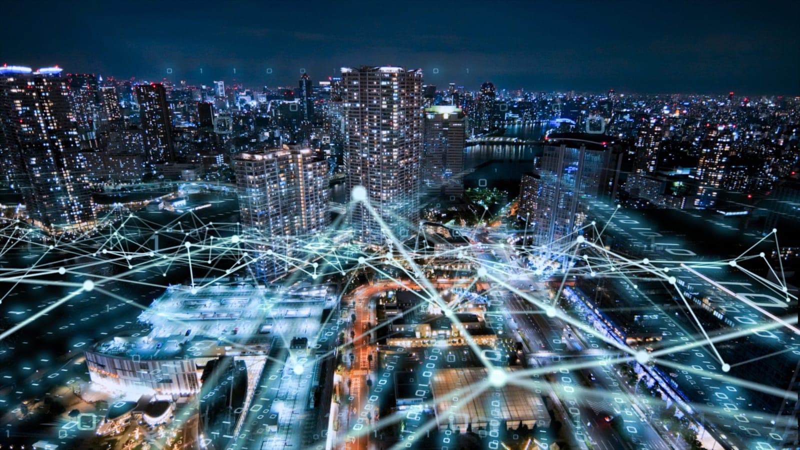 A city skyline overlaid with a connected network